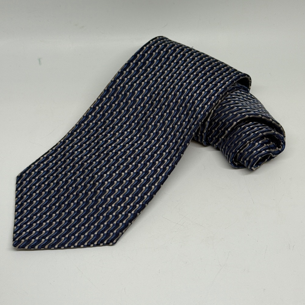 Piatelli Uomo Silk Necktie Blue Tan Geometric Pattern Mens